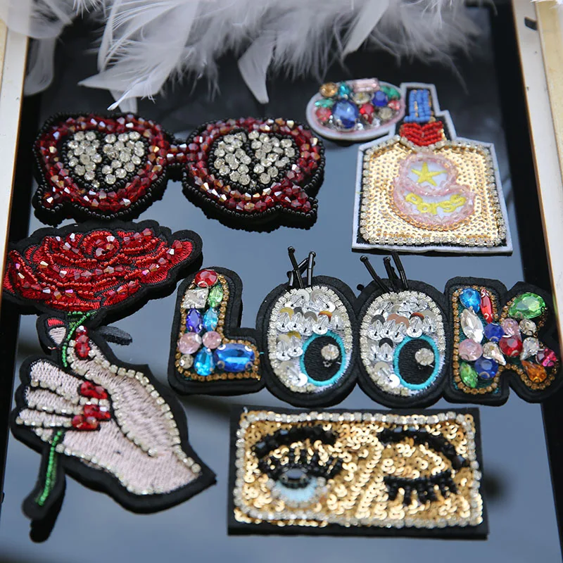 

Handmade rose eye letter embroidery patches for clothing Sew on rhinestone beaded applique patch Beading decorative parches