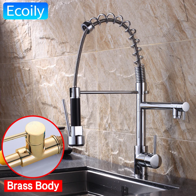 Chrome Brass Spring Pull Out Kitchen Two Spout Double Outlet Shower Faucets Mixer Vessel Sink