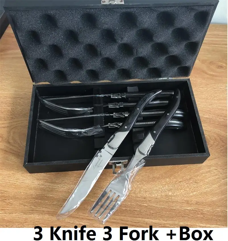 3 Forks 3 Knife box 6 шт. 8,7 ''нержавеющая сталь стейк нож, вилки комплект стиль laguiole набор посуды с черной деревянной ручкой столовых ножей вилка в подарочной коробке - Цвет: 3 Forks 3 Knife box