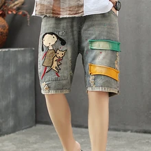 Женские популярные джинсовые шорты, модные повседневные милые летние шорты до колена, большие свободные шорты с эластичной резинкой на талии, с вышивкой, с героями мультфильмов, AZ39542628