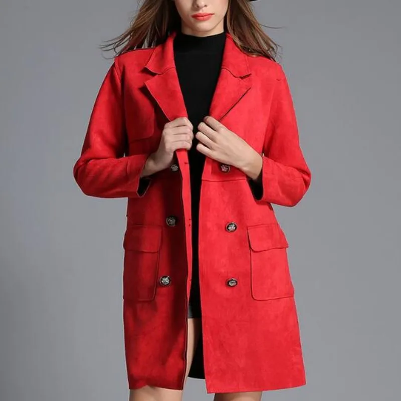 Top Quality Brand Womens Slim Fit Suede Leather Long Jacket Female Double Breasted Trench Coat Lepal Windbreaker Overcoat Size