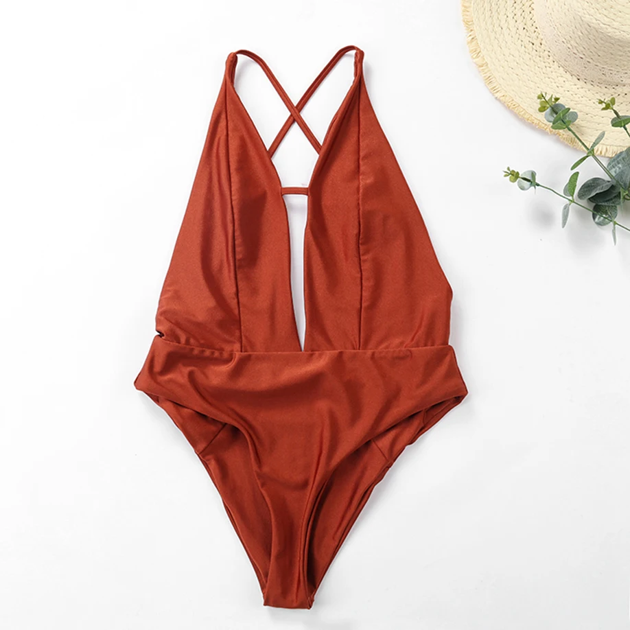 Women Solid Patchwork One Piece Sexy Halter Monokini Bikini Swimwear Swimsuit 2019 Deep V Brazilian Biquini Tankini Beach Wear | Спорт и