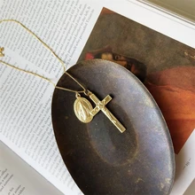 925 стерлингового серебра Марии кулон в форме Креста с Иисусом ожерелье Золото двойной кулон ожерелье свитер цепь для женщин колье ювелирные украшения
