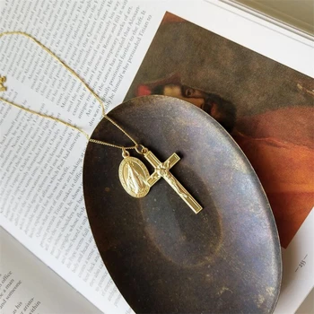 

925 Sterling Silver Maria Jesus Cross Pendant Necklace Gold Double Pendant Necklace Sweater Chain For Women Choker Fine Jewelry