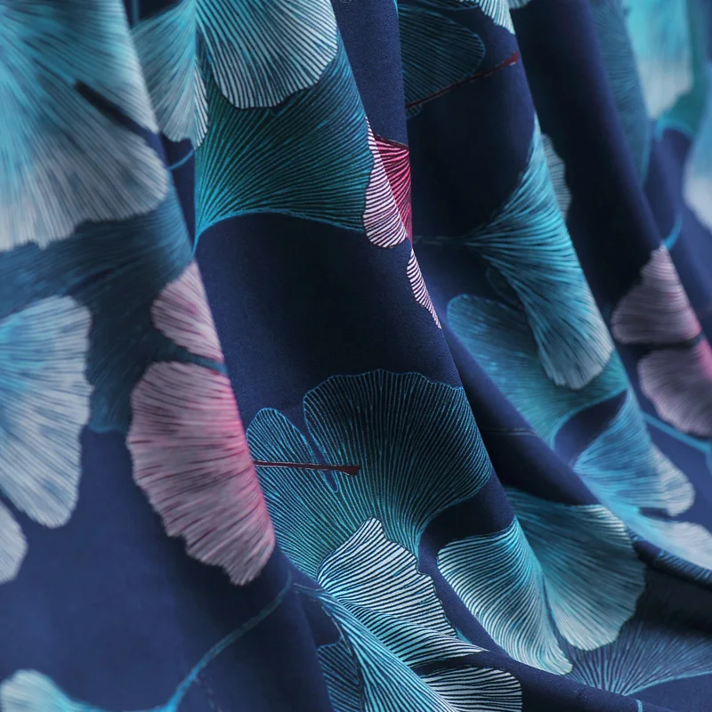 

Deep blue ginkgo digital painting Double Joe elastic silk fabric for dress tissu tecidos tissus au metre tela seda shabby chic