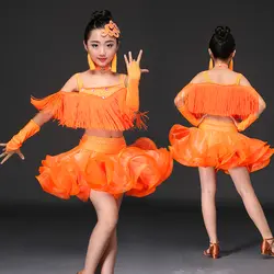 Новые детские костюмы для латинских танцев с кисточками, женские костюмы для занятий латинскими танцами, платье для выступлений