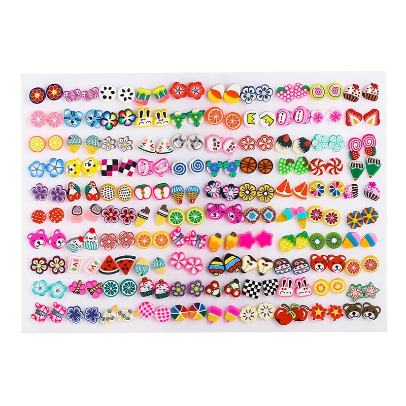 

100 pairs/lot fashion kids gift clay plastic mixed animal flower fruits apple orange strawberry stud earring sets for women girl
