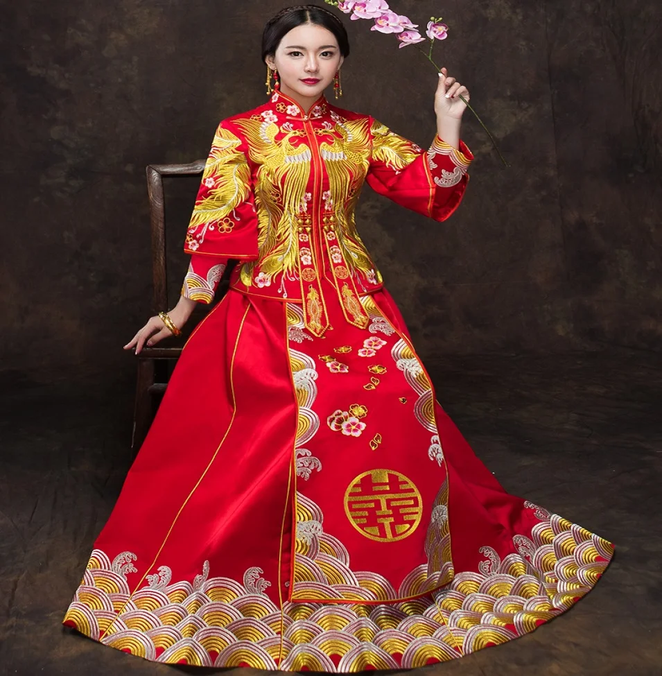 Китайское женское свадебное платье Ципао с вышивкой длинное вечернее la robe de mariee