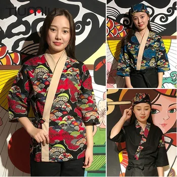 

2019 Japanese Style Food Service Chef Waiter Uniform Men Women Kimono Sushi Costume Restaurant Kitchen Fashion Work Clothes