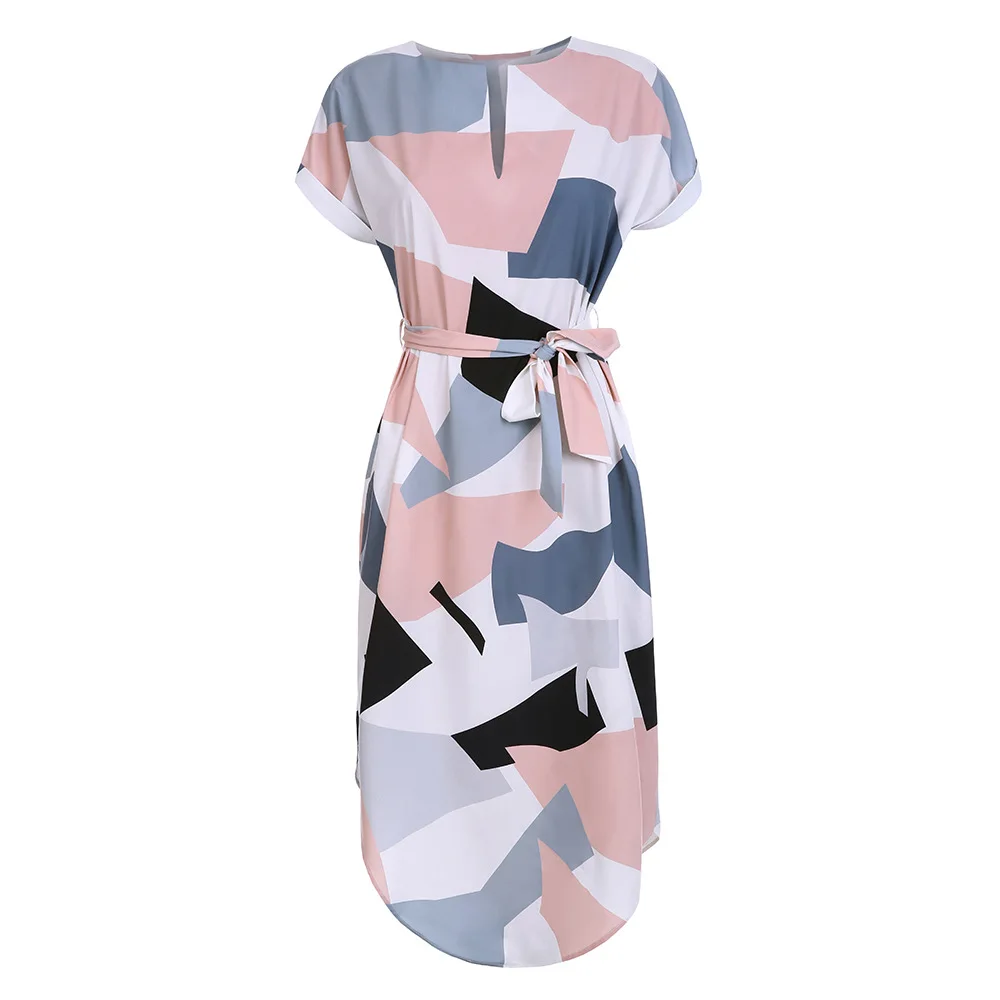 

LOSSKY Women Midi Pencil Dress Summer Geometric Multi-color Mid-Calf Length Stand Collar Novelty Geometric Pencil Dress