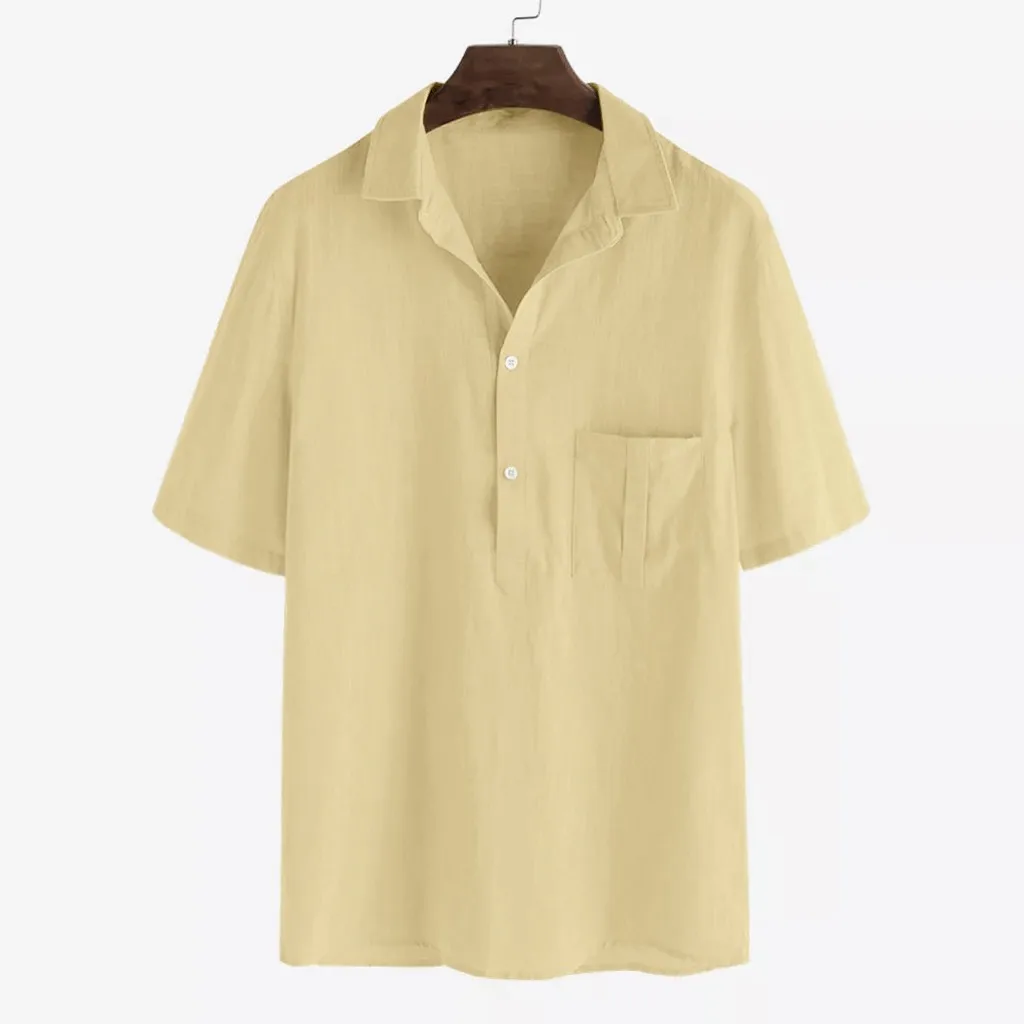 Men's Tops Loose Cotton Blend Solid Color Short Sleeve Vintage Pocket Lapel Shirt Top 7.18