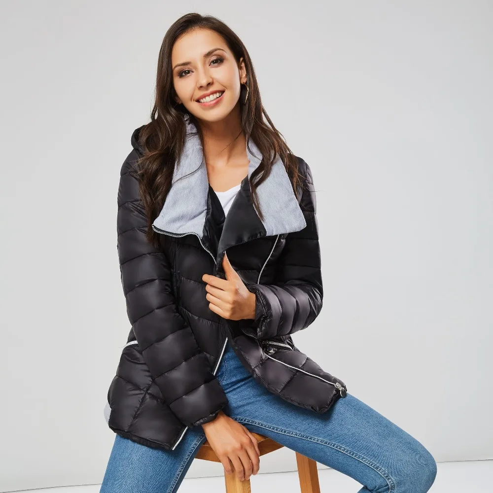 

Winter Black Outerwear Overcoats Women Parkas Cotton Warm Thick Short Jacket Coat with Belt Slim