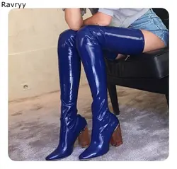 Лакированная кожа синий эластичные женские сапоги с высоким голенищем выше колена сапоги прозрачные квадратный каблук модные осень-зима