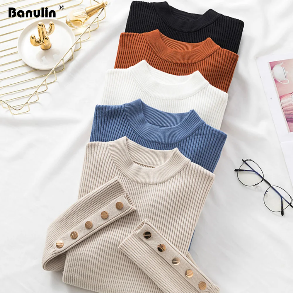 

Banulin Turtleneck Autumn Winter Women Sweater Button Design Long Sleeve Pullover Jumper Women Sweater Knitted Top Pull Femme