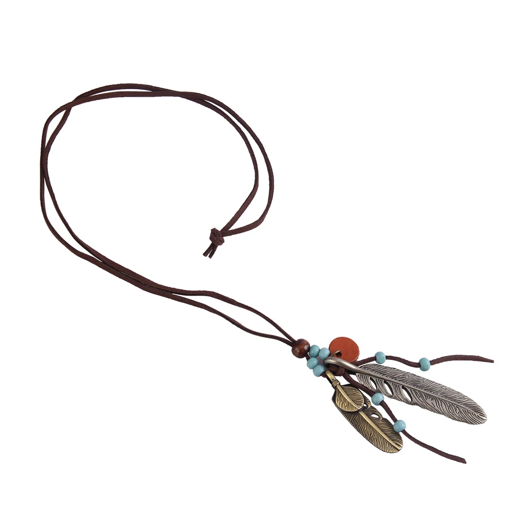Retro Wood Bead Charms Necklace Metal Alloy Feather Pendant Sweater Necklace Women Costume Jewelry