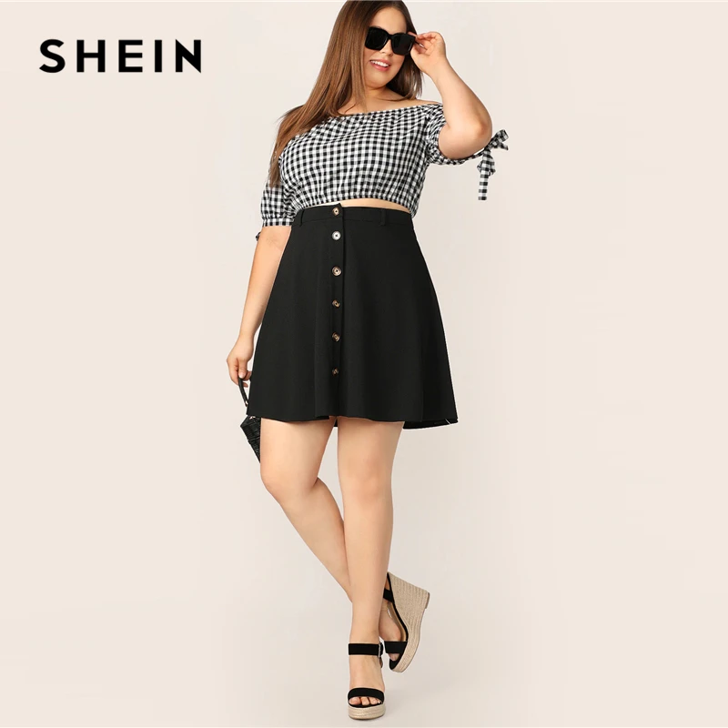 SHEIN Размера Плюс Юбка-Клёш Женская Летняя Черная Короткая Юбка С Пуговицами