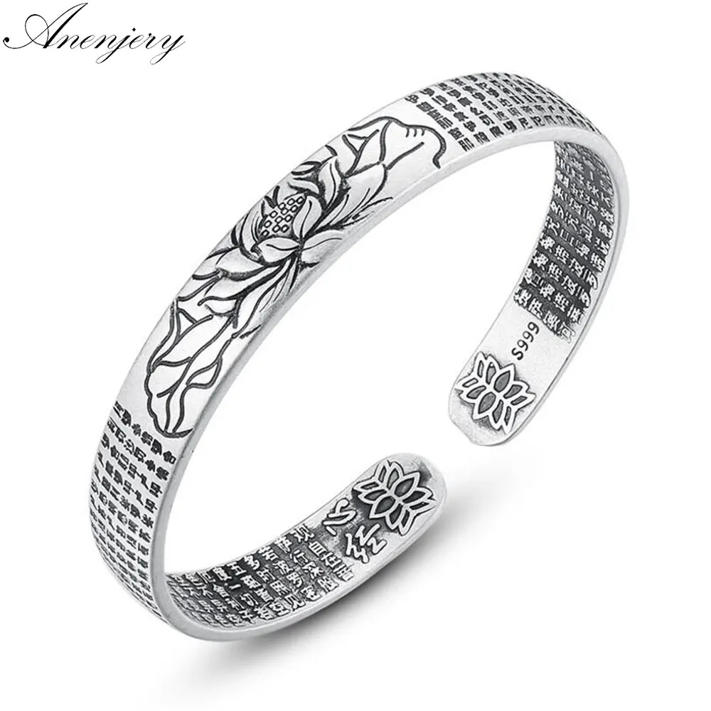 

Anenjery Vintage 925 Sterling Silver Amulet Buddha Lotus Baltic Buddhist Scriptures Thai Silver Cuff Bracelets & Bangles S-B96