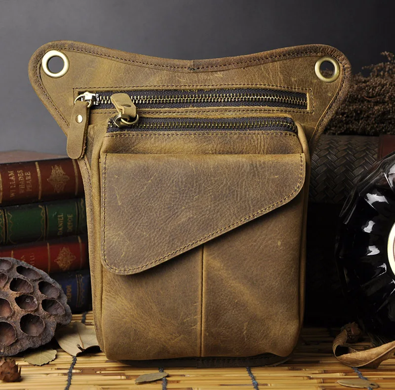 2016 New Top Quality Genuine Real Leather men vintage Brown Small Belt Messenger Bag Waist Pack