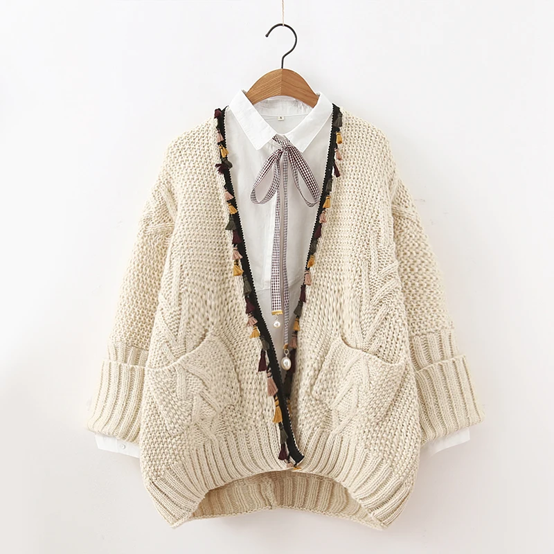 

Winter solid color knit cardigan loose long sleeve sweater jacket coat mori girl 41077