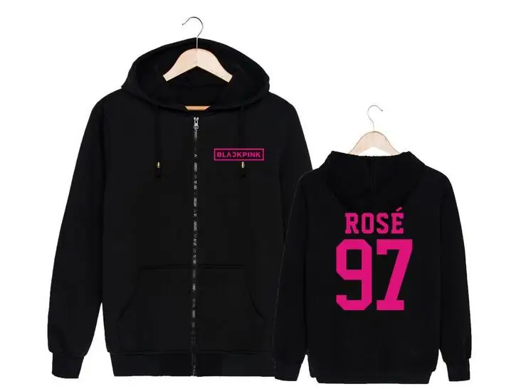 Kpop blackpink اسم عضو الطباعة قلنسوة بسحاب سترة الخريف الشتاء jennie ليزا نفس البلوز