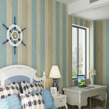 

Mediterranean Blue Nostalgia Wooden Patterns Nonwovens Wallpaper Retro Clothing Store Net Cafe Bedroom Wallpaper