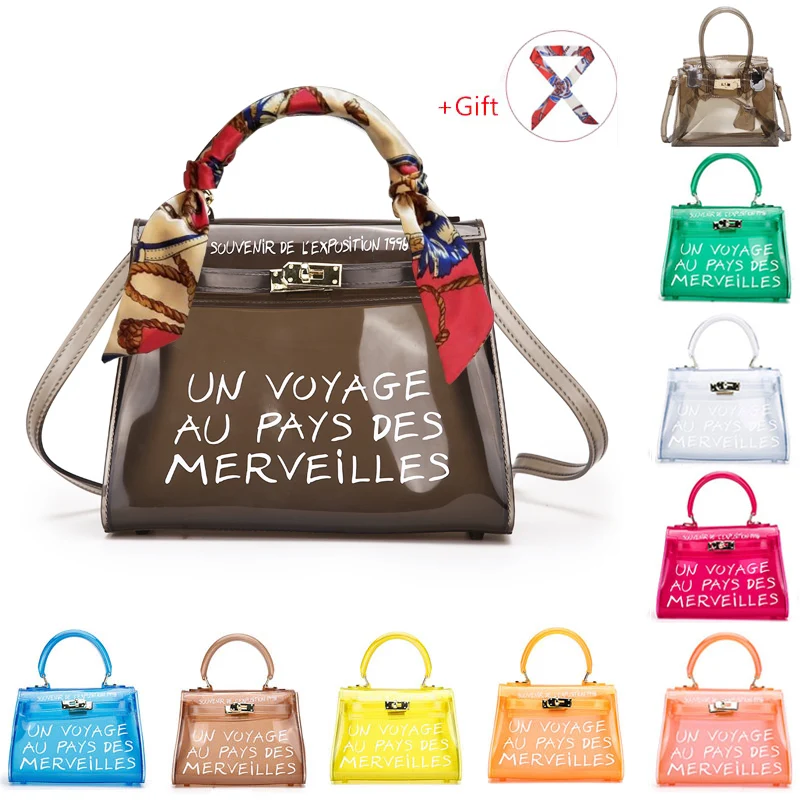 

Clear Transparent Shoulder Bags Women Letter Printed Women Luxury Jelly Purse Scarf Handbags Famous Brand Designer Crossbody Bag