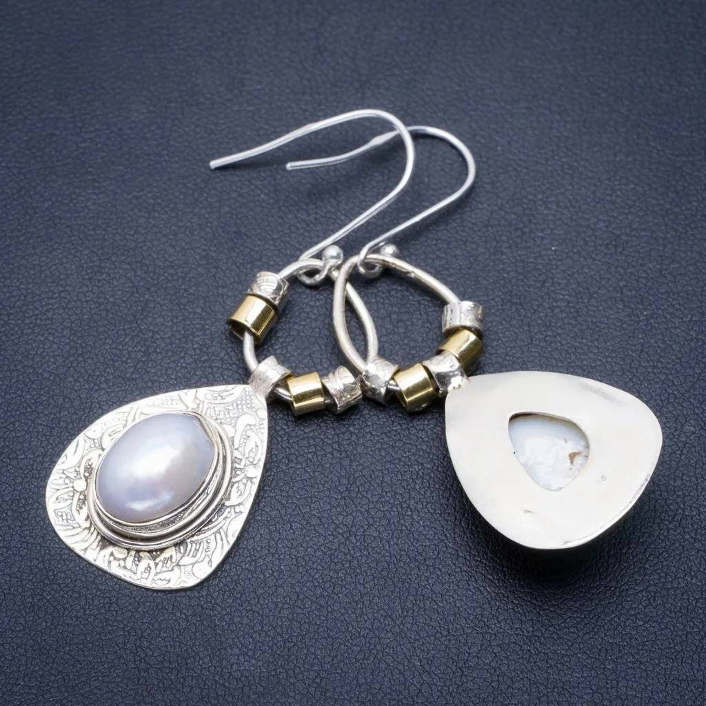 

Natural Biwa Pearl Handmade Unique 925 Sterling Silver Earrings 2.25" A1427