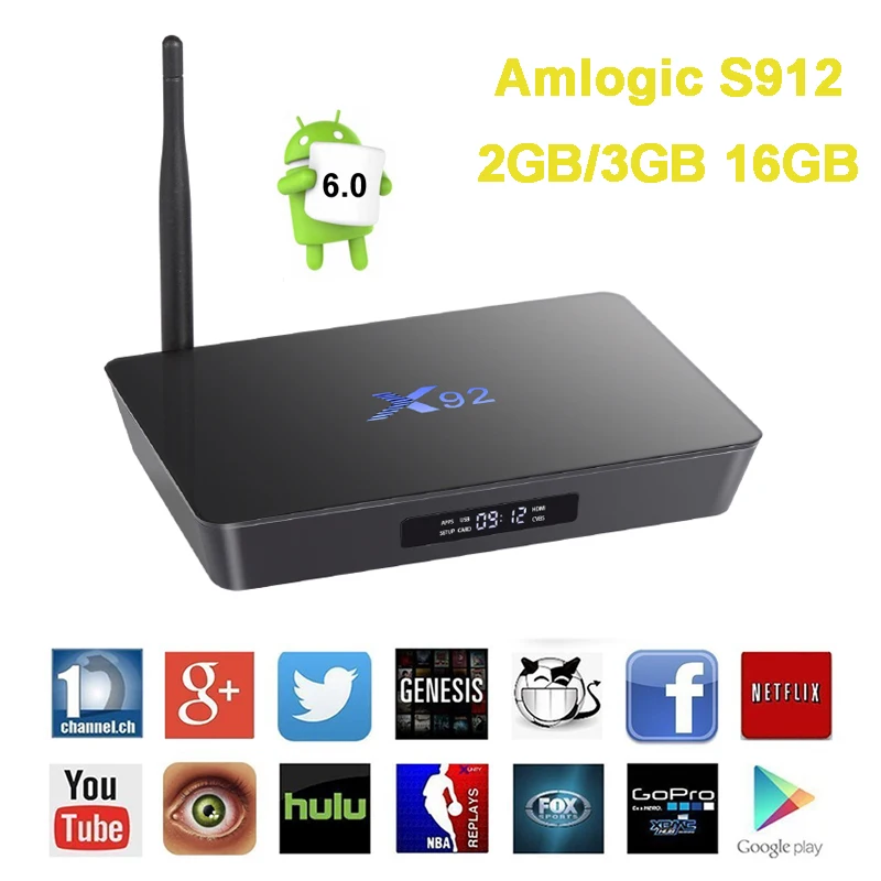 

New 3GB/16GB X92 Smart TV Box Android 6.0 Amlogic S912 Octa Core 2.4G/5.8G WIFI HDMI 2.0 BT4.0 kodi 4K 3D TV BOX Media Player
