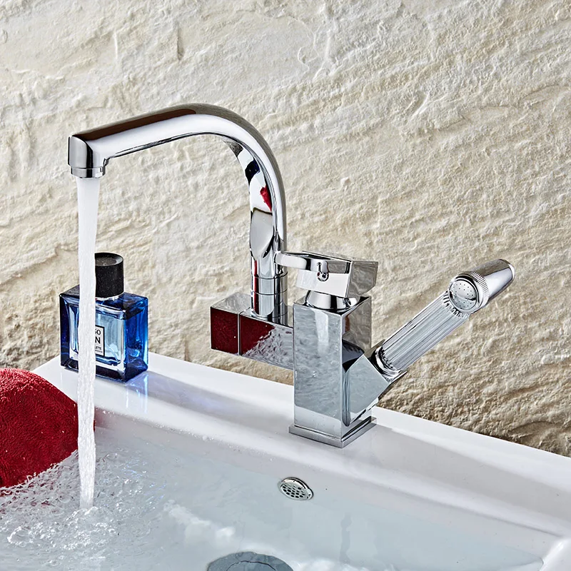 Kitchen Faucets Chrome Brass Gun Type Swivel Bathroom Faucet Pull Out Sprayer Vessel Sink Mixer