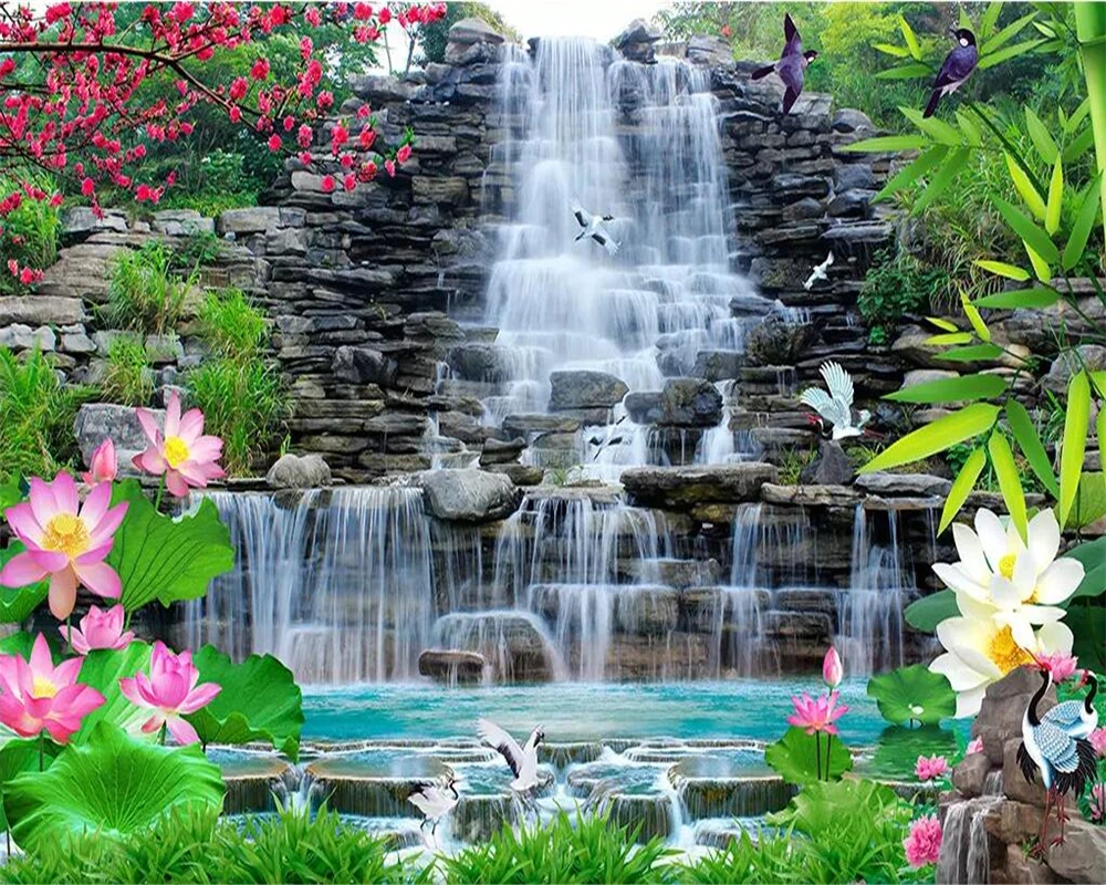 

Home decor mural waterfall plum blossom lotus bamboo landscape TV background murals living room bedroom 3d wallpaper