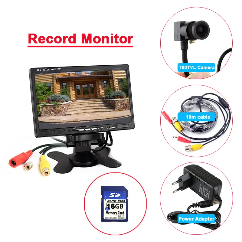 

7inch record monitor system with 700TVL mini camera + 16GB Memory card + 10m cable + power adapter