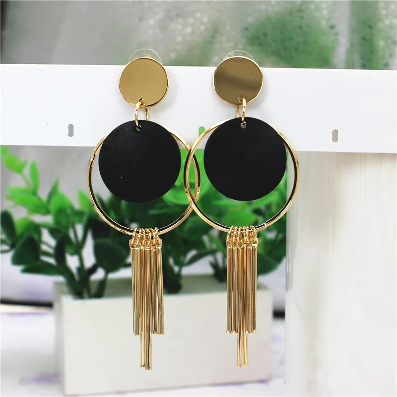 

2017 new fashion jewelry elegant Bohemia style long tassel black wood earrings gold Geometrical metal earring for women gift