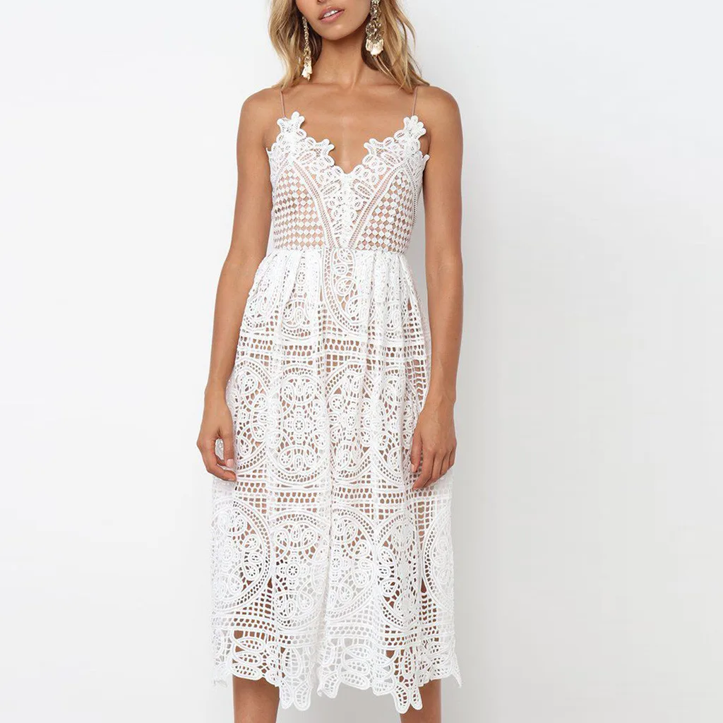

Summer dresses casual dress women dress Sexy Solid V-Neck Hollow Lace Patchwork Swallowtail Sling Dress T418