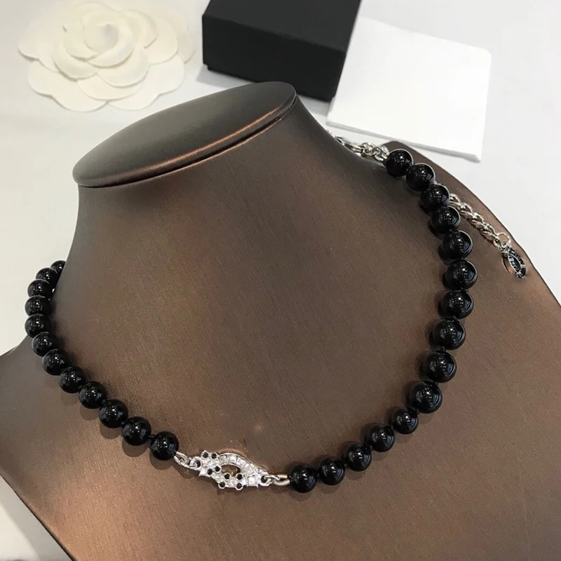 

Brand Fashion Jewelry For Women Simulated-pearl Neckalce Black Pearls Two C Letter Pendants Big Pearls Necklace Sweater Chain