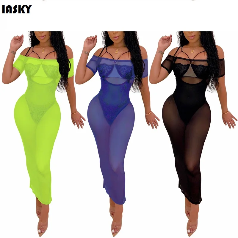 

IASKY 2019 New Transparent mesh off shoulder Beach Dress Cover-up Tunic sexy women Swimsuit Bathing Suit cover ups 3 colors