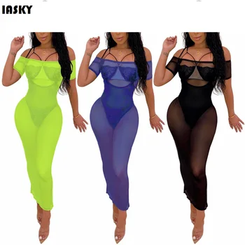 

IASKY 2019 New Transparent mesh off shoulder Beach Dress Cover-up Tunic sexy women Swimsuit Bathing Suit cover ups 3 colors