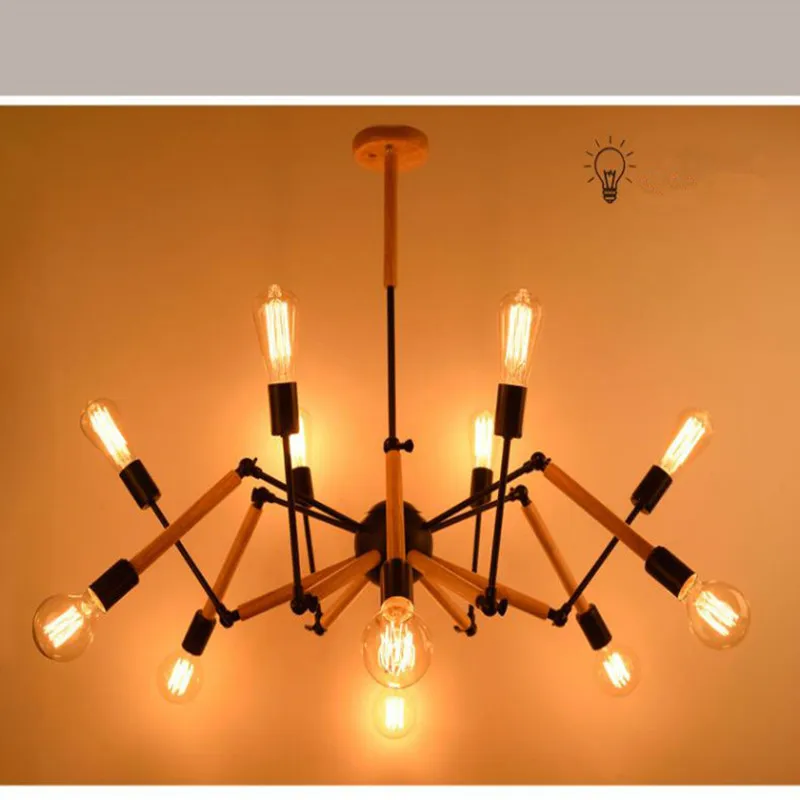 

12 Heads Retro Loft Solid Wood Dining Room Pendant Light Vintage Edison Bulbs Spider Hanging Light Fixtures Free Shipping
