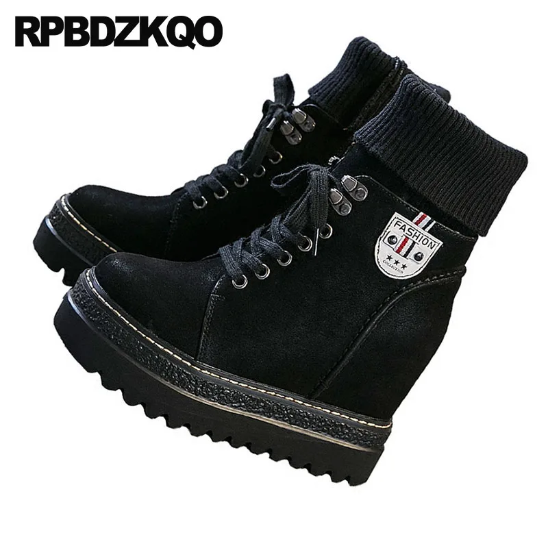 Avant Casual Bottes Noir brow Automne Extrême Lacent Caché Tricot Noir Flatform Militaire En Femmes Combat Chaussette Chaussures Fétiche Haut Talon Cheville wYq6Ax7a