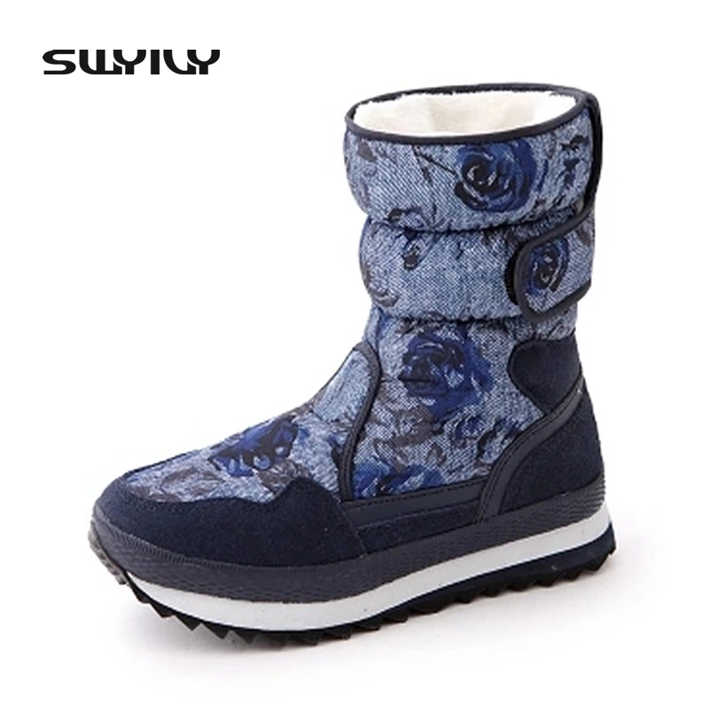 41 Big Blue Rose Print Fashion Snow Boots For Woman 2017 New Easy Wear Mid High Female Winter Warm Shoes Cotton Shoes Students