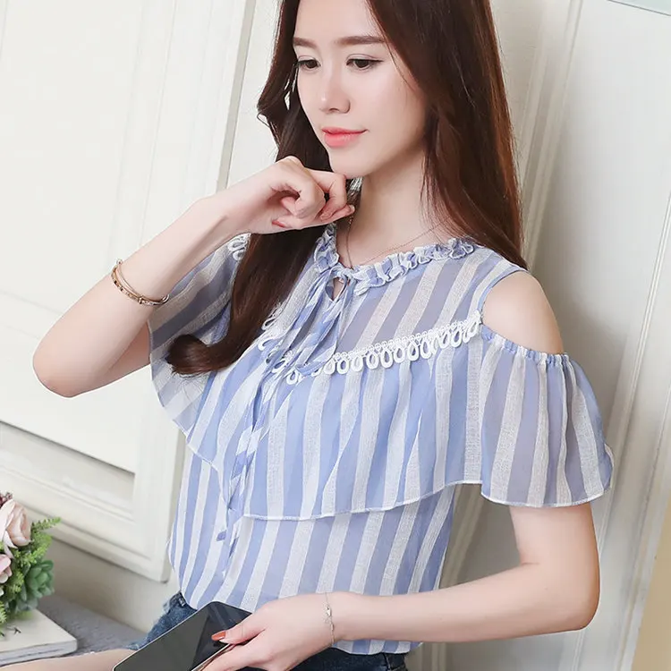 2018 New Women Chiffon Blouse Ruffled Striped Shirts Summer Open Shoulder Tops Blouses Women Fashion Bow Blusas Femininas Shirt (5)