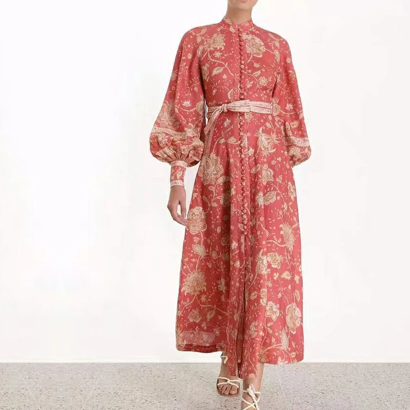 

2019 Runway Designer Vintage Floral Print Woman Maxi Dress Stand Collar High Waist Split Split Long Dresses Vacation Vestidos