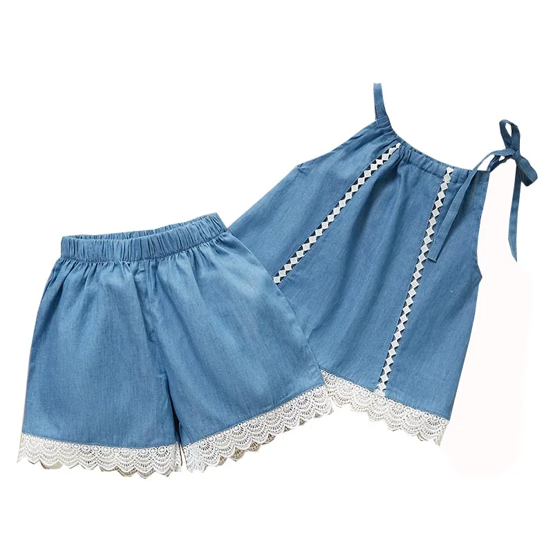 

2Pcs Summer Baby Girls Sleeveless Denim Strap Vest Tops+Shorts with Lace Design Suits Casual Outfits Set 1-6Y