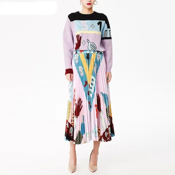 

European American Style 2019 Autumn Winter Women New Fashion Design High Quality Knitted Sweater+Drapped Skirt TWINSET