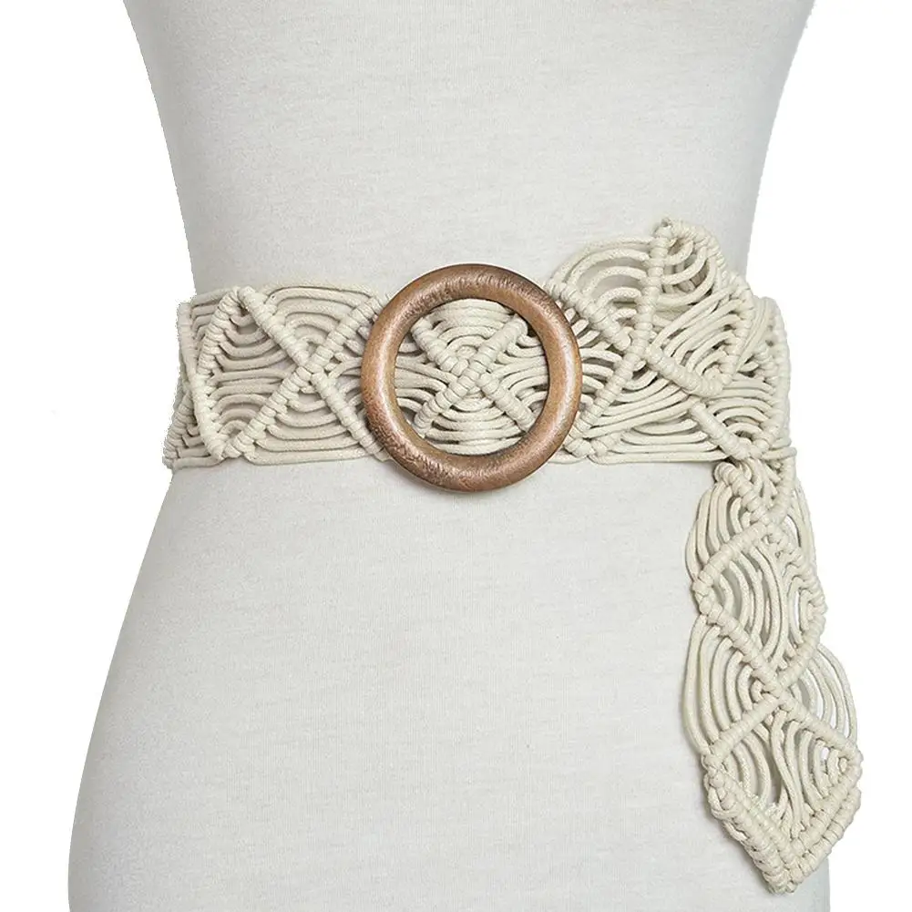 

Retro Round Wooden Buckle Handmade Braided Women Waistband Waist Strap Belt