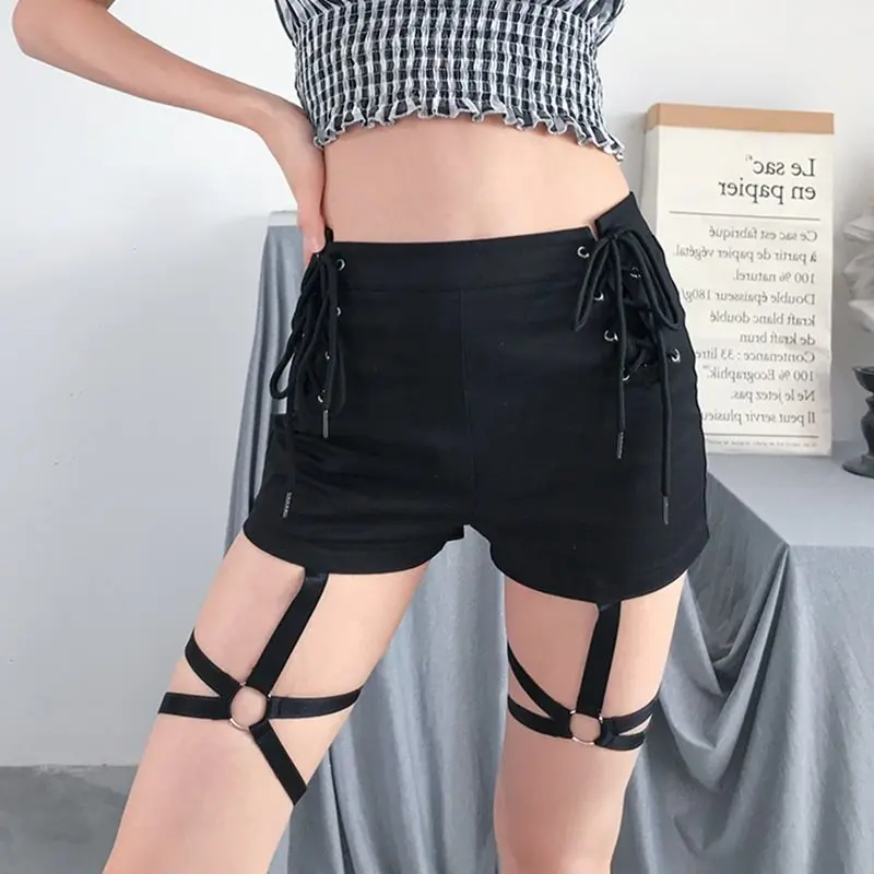 

High Waist Shorts Women Sexy Hollow Gothic Trend Streetwear Lace Up Black Slim Hotshorts Cool Fitness Casual Summer Shorts Girl