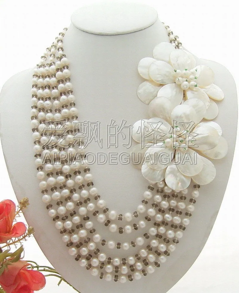 

N012935 22" White Pearl Crystal Shell Flower Statement Necklace