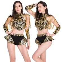 Adult Women Sexy Jazz Dance Fringed Crop Tops Skirt Suit Fancy Costume Shine Tassels Sequin Cloth Sets For Club Girls XL