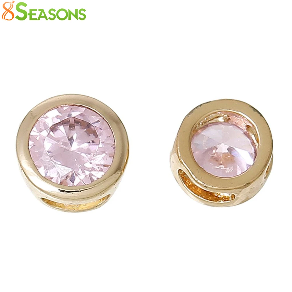 

8SEASONS Copper Charm Beads Round Pink Blue Olive Green Red Gold color Pave Zircon About 6mm Dia,Hole: 3.2mm x1.2mm, 2 Pcs