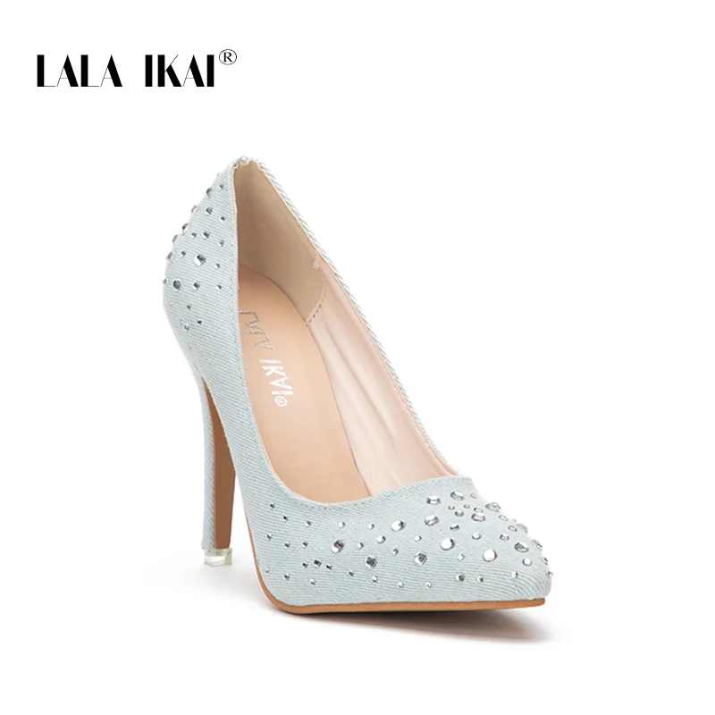LALA IKAI Ladies Rhinestones Blue Shoes Denim Slip-On Thin Heel Office Party Pumps Sexy Pointed Toe High Heels 014C1859 -49
