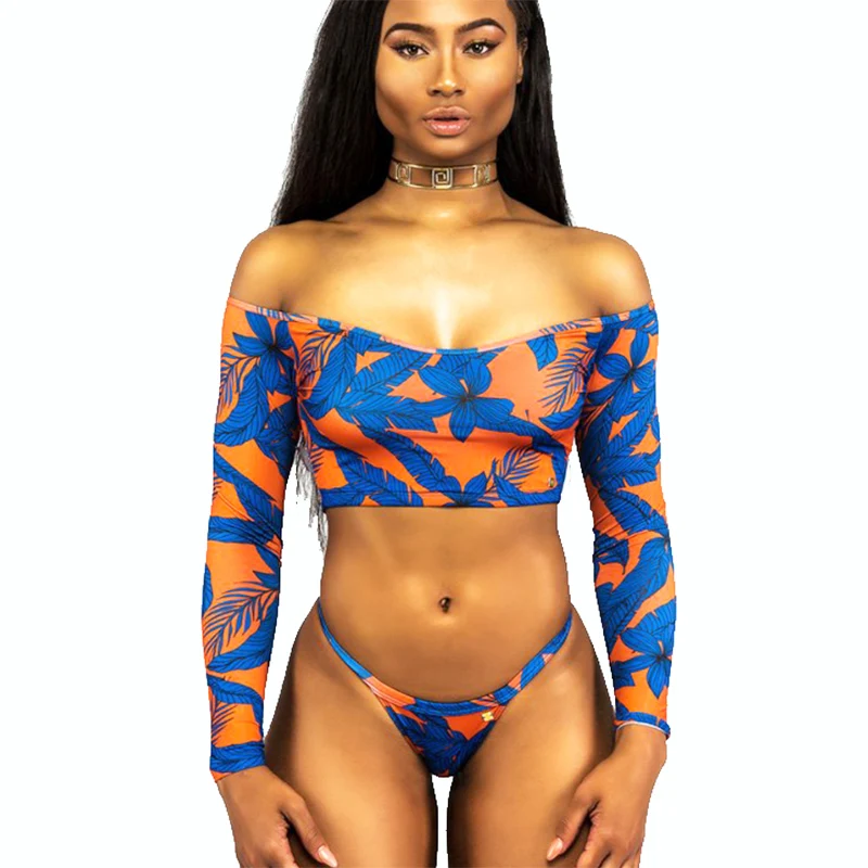 Long Sleeve Off Shoulder Bikini Bandeau Leaf Print Bathing Suit Tank Backless Swimsuit Flower Printed Set Floral Swimwear |